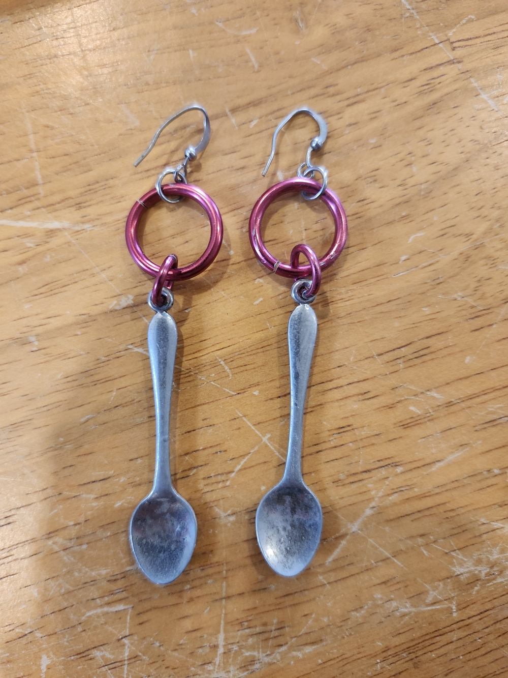 Unique Spoon Dangle Earrings with Pink Rings - Gift for Chef/Foodie